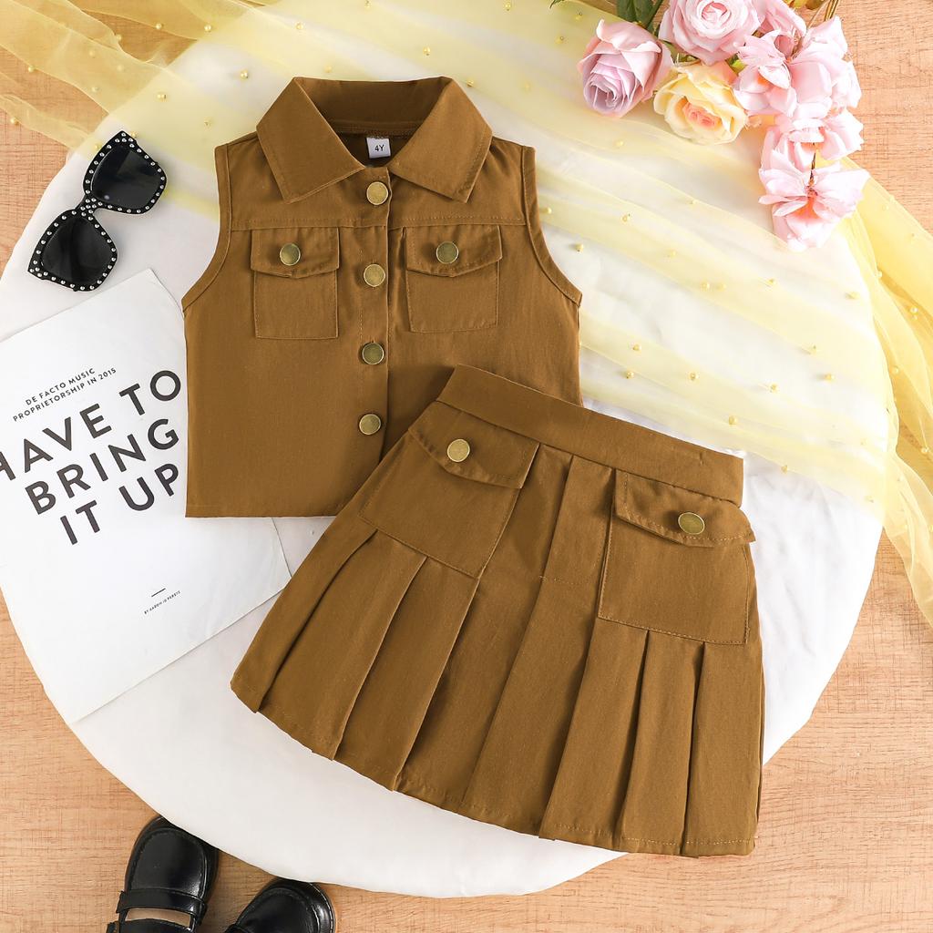 Girls' Pink Vest & Pleated Skirt 2Pcs Casual Outfit