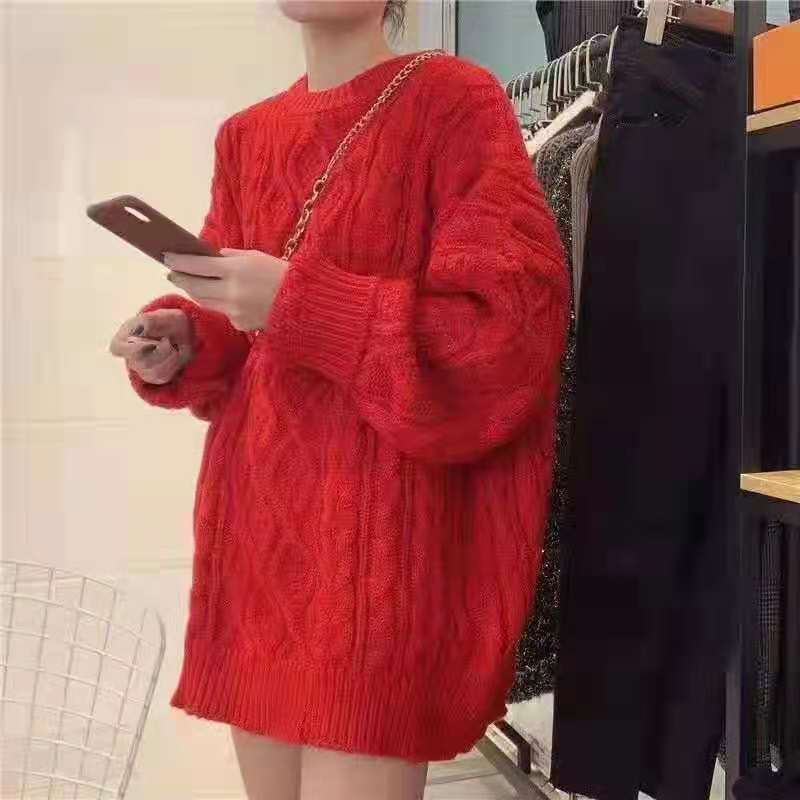 Wear a twist pink sweater for women's lazy style autumn and winter new soft waxy loose crew neck sweater for women's high sense