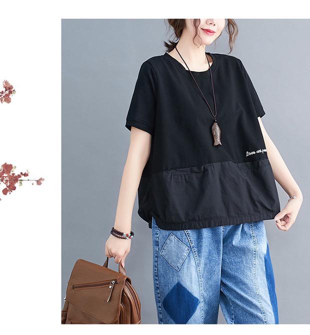 

Женская хлопковая футболка с коротким рукавом - Принт с буквами, Двойной карман, Свободный крой, Летний пуловер, Подчеркивающий фигуру One Size