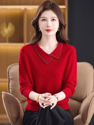 Design Sense Rhinestone Turn-Down Collar Wool Sweater for Women - 2025 New Elegant Mom Knitted Top