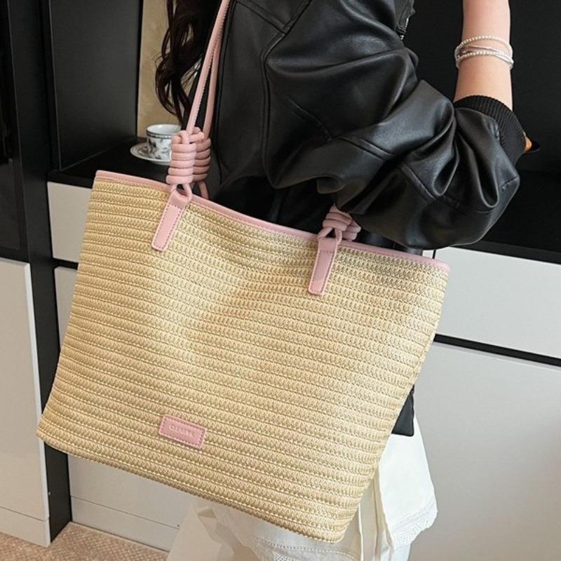 Spring new fashion woven handbag large capacity commuter casual tote bag simple fashion bucket