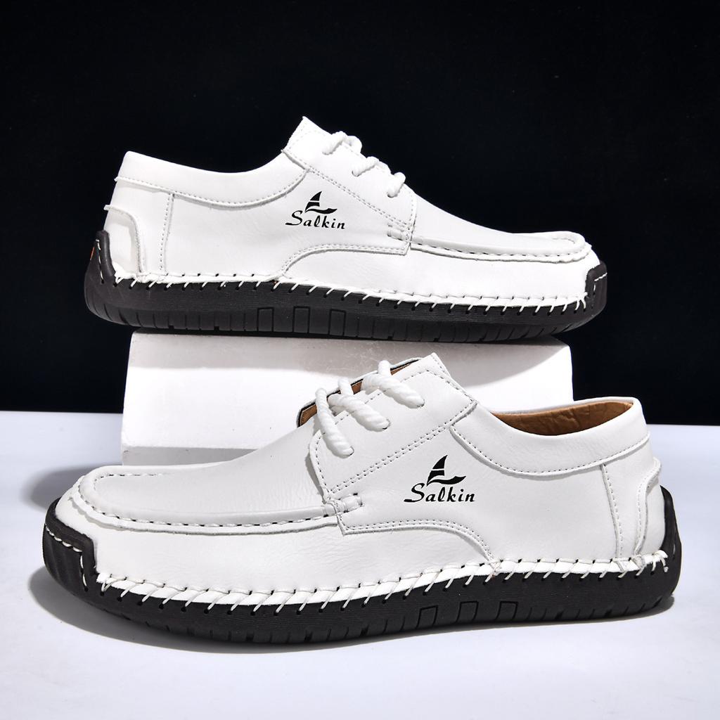 Men's Hand Stitched Casual Leather Shoes Vintage Lace Up Wide Toe Soft Sole Breathable Loafers British Style Driving Shoes