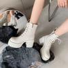 Round head thick heel lace-up Martin boots high heel waterproof platform platform platform short boots small retro white soft leather boots women
