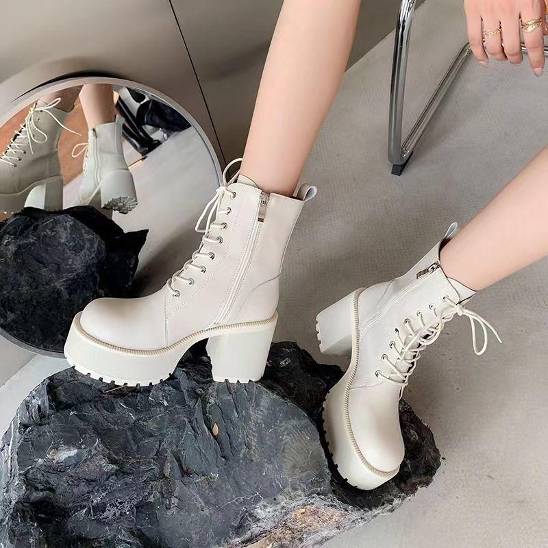 Round head thick heel lace-up Martin boots high heel waterproof platform platform platform short boots small retro white soft leather boots women
