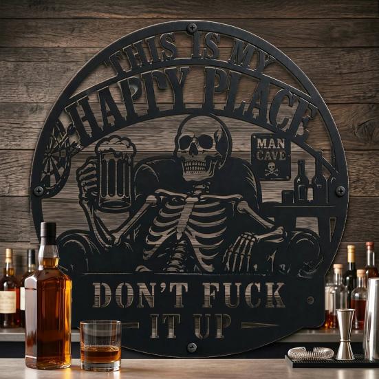 Wall Decoration Metal Art Sign with Skull Slogan Design Pre-Drilled Holes Easy Install Decorative Plaque Rustproof Decor for Garage, Workshop,