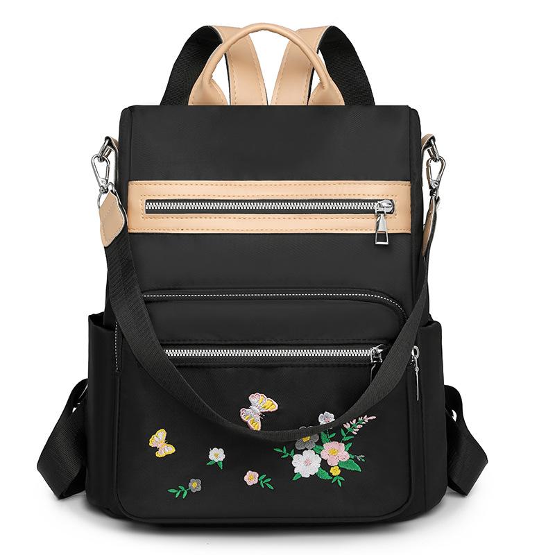 

Женский вышитый рюкзак, многофункциональная сумка через плечо, нейлоновый легкий школьный ранец для школьников чёрный