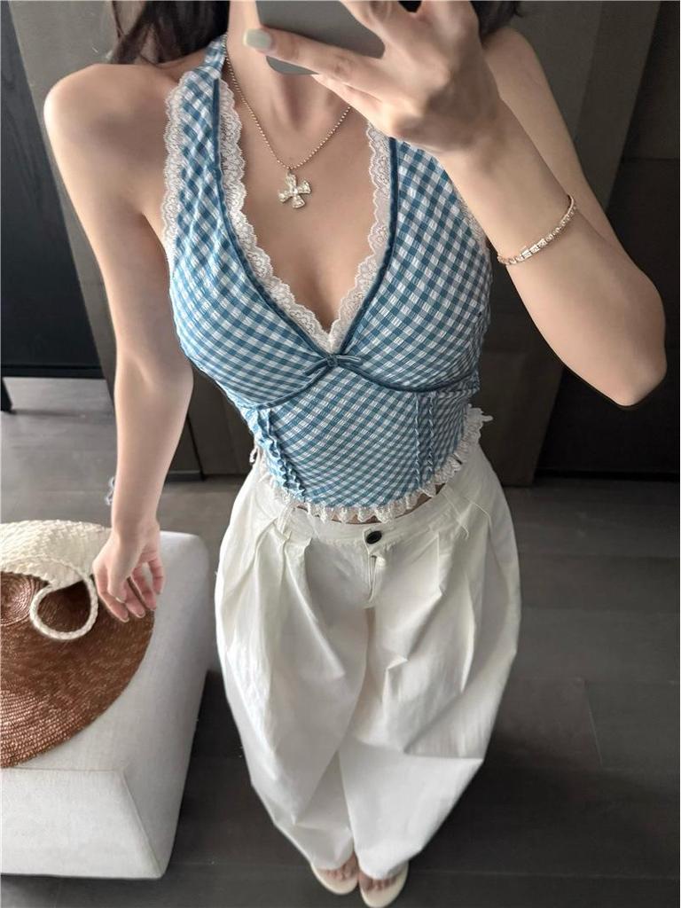 Pure & Sexy Red Plaid Lace Halter Top - Women's Summer Tank