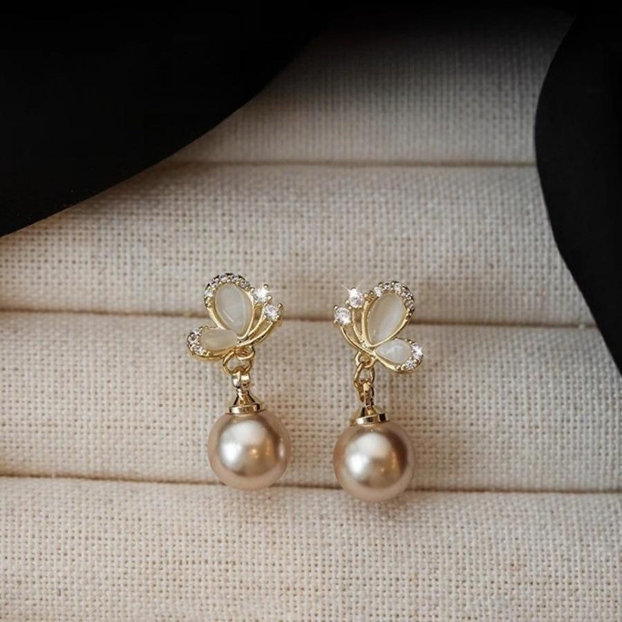 Korean opal butterfly pearl stud earrings simple ear jewelry