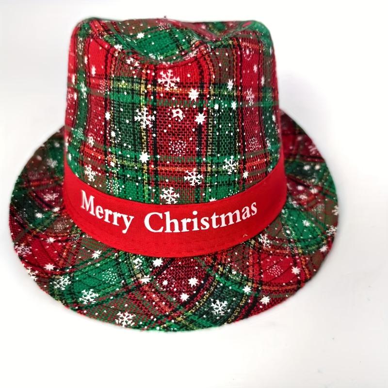 1pc Men'S Christmas Santa Hat with Plaid & Snowflake Patterns, Red/Green Tartan Design, Wide Brim & Poinsettia Bow - Festive Party Costume Accessory