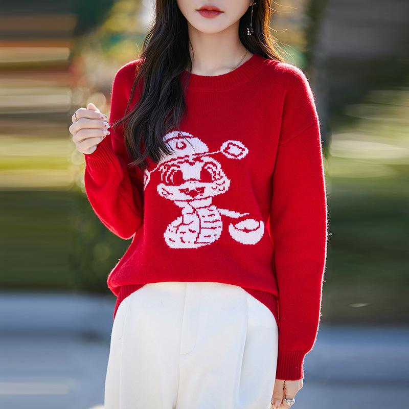 

Новогодний вышитый кардиган с круглым вырезом для женской моды, универсальная мультяшная жаккардовая вязаная базовая рубашка, пуловер с длинными рукавами XXL
