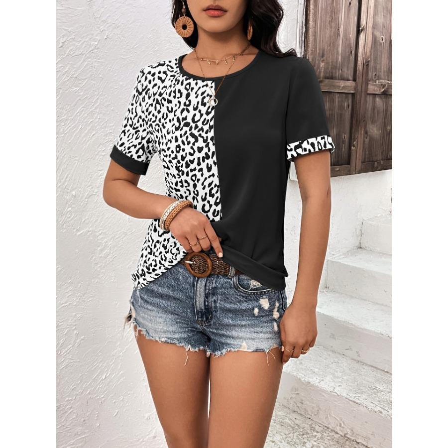 Women's Summer Leopard Print Patchwork T Shirt Round Neck Short Sleeved Top for Women