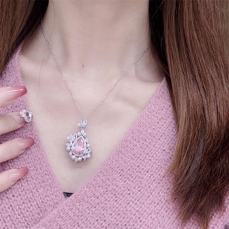 Elegant Pink Diamond & Pearl Three-Piece Jewelry Set: Necklace, Earrings, Ring - High-End, Sweet, Trendy Style