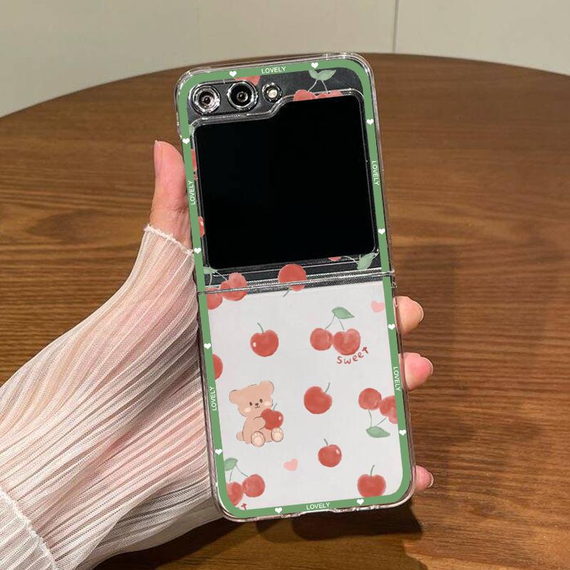 For Samsung ZFlip 5 4 6 Cute Cartoon Bear Case for Samsung Galaxy Z Flip 6 5 4 3 Flip5 ZFlip4 Cherry Hard Clear Cover Fundas