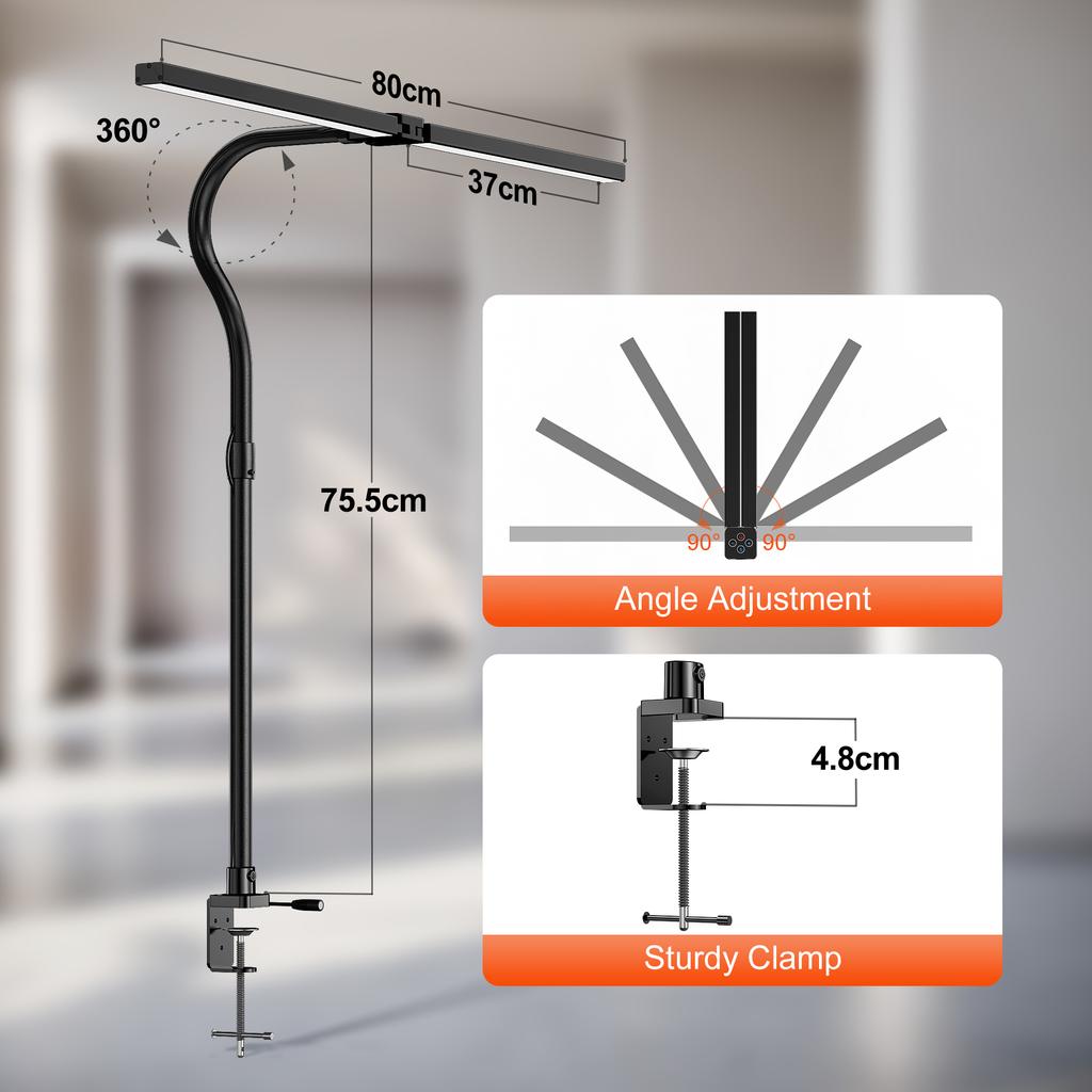 Double Head LED Clip Remote Control Desk Lamp 24W Swing Arm L-Shaped Architect Dimmable Transformable Reading Computer Light