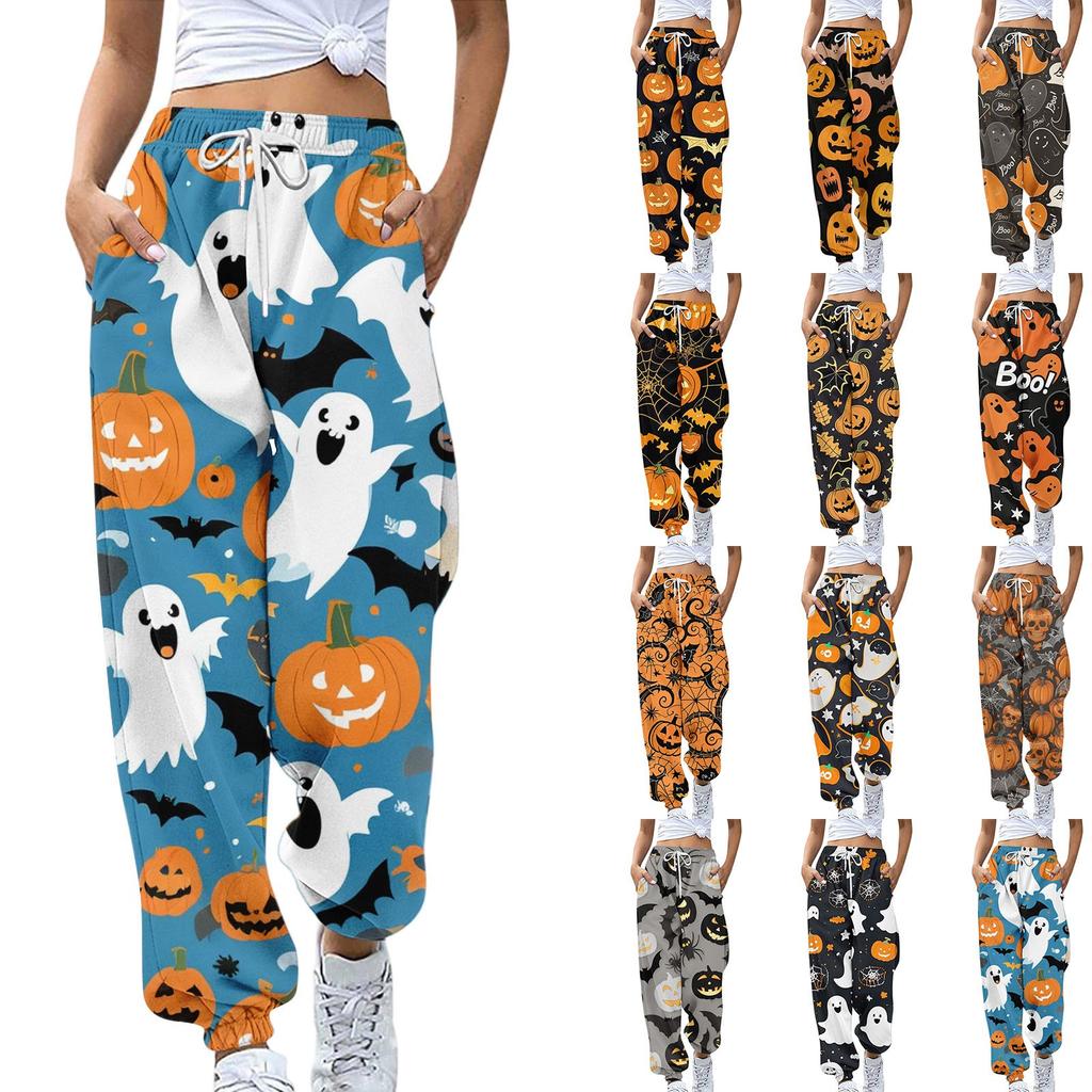 Women's Sports Pants With Pockets Fashion Halloween Print Elastic Waist Pants Casual Sweatpants Pants
