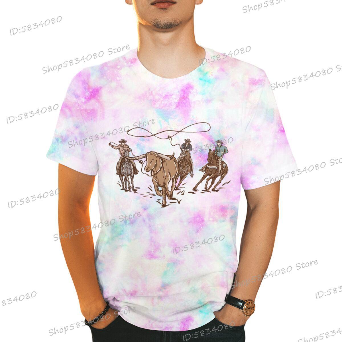 

90s Vintage Cowboy TShirts Tops Retro Rodeo Outfit Gifts TieDye Fashion Summer Clothes Wild West Cowboy Short Sleeve Tshirt 4XL