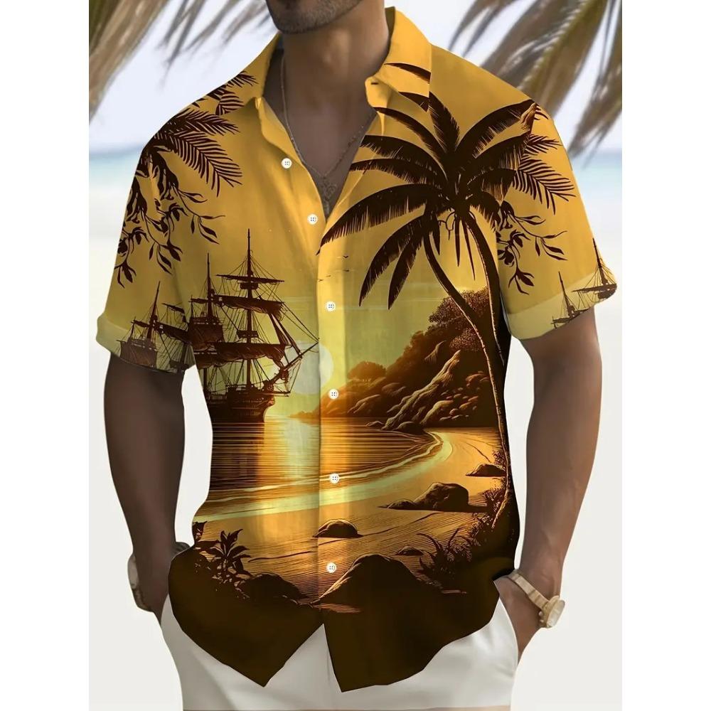 Outdoor Shirt Short Sleeve Summer Beach Wind Casual Tops Shirt Landscape Printed Pattern Large OverSize Loose Men's Clothing