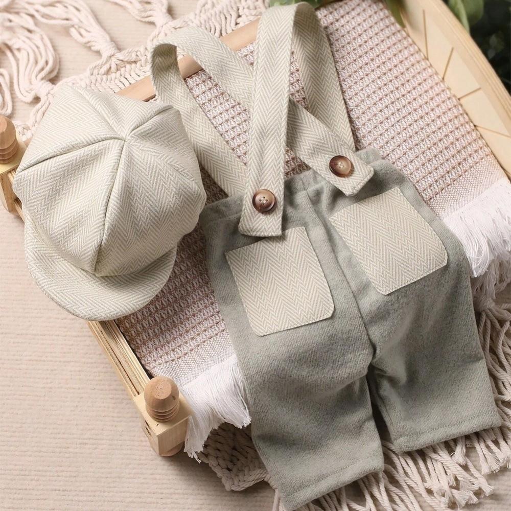 Suspender Romper Newborn Photography Outfit Newsboy Hat Baby Romper Set Baby Photo Shoot зелёный