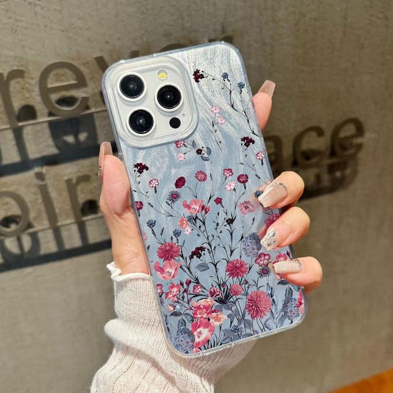 Floral Print Slim Glitter Phone Case For iPhone 16 Pro Max 15 14 Pro 13 12 11 Feather Sparkling Shockproof Clear Soft Edge Hard PC Back Cover