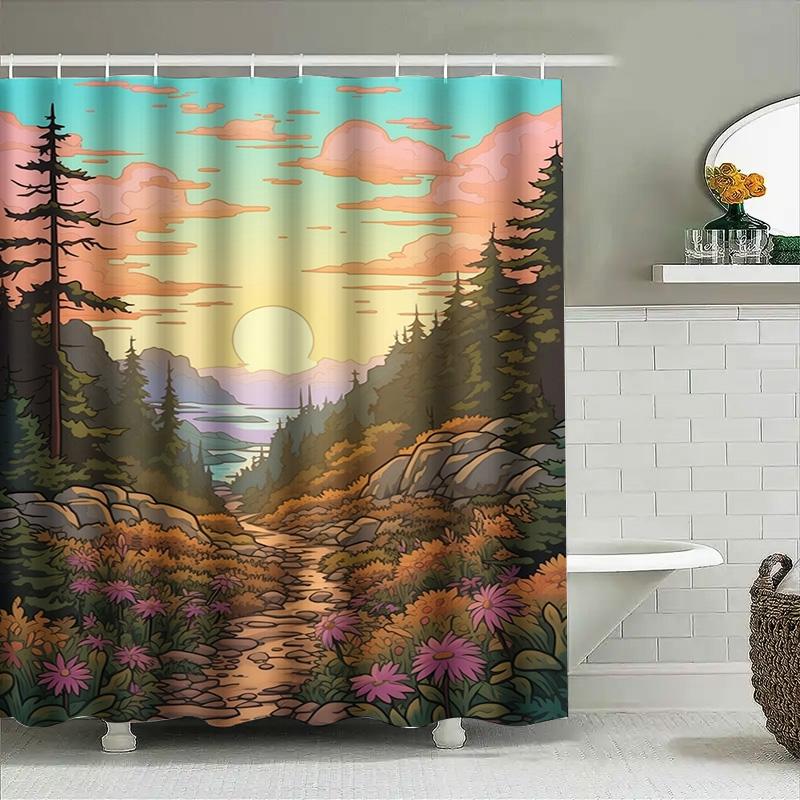 Sunset Forest Trail Shower Curtain With Mountain Lake Scenery Multicolor Floral Design For Bathroom Decor Wall Hangings Bath Lin