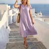 Women V Neck Short Sleeve Loose Fit Casual Dress Lightweight Solid Relaxed Midi Dress for Daily Wear Travel Office