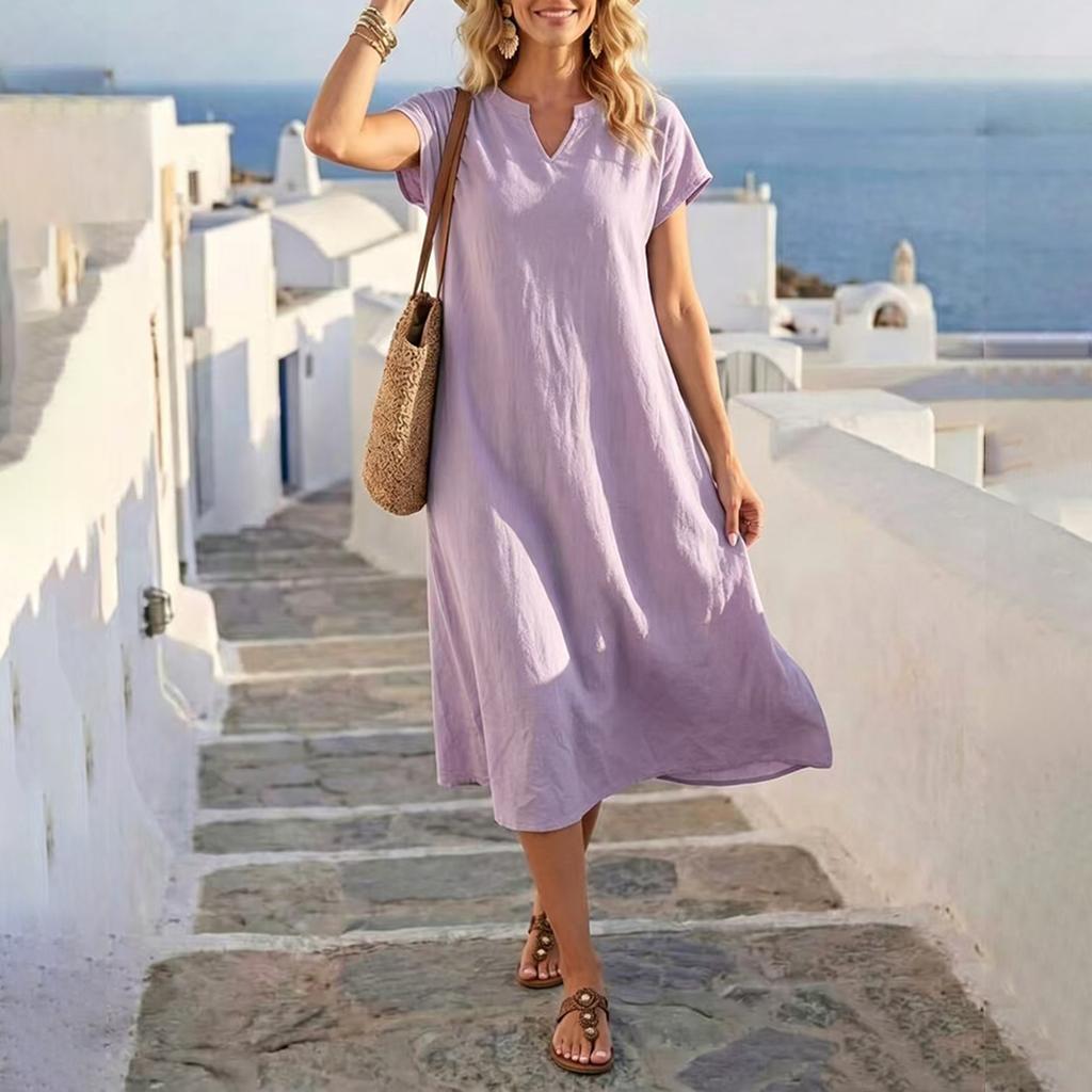 Women V Neck Short Sleeve Loose Fit Casual Dress Lightweight Solid Relaxed Midi Dress for Daily Wear Travel Office