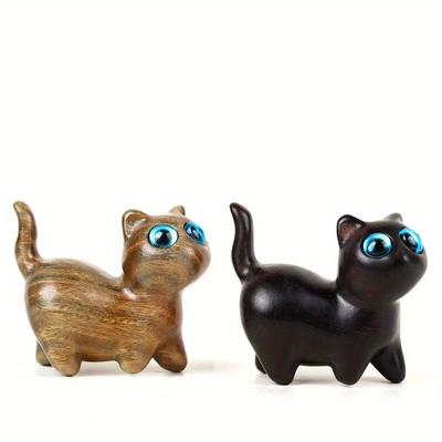 Green Sandalwood Curious Slanted Head Cat Animal Ornament Mini Cute Wooden Lucky Cat Home New Year 2025 Decoration Funny Gifts