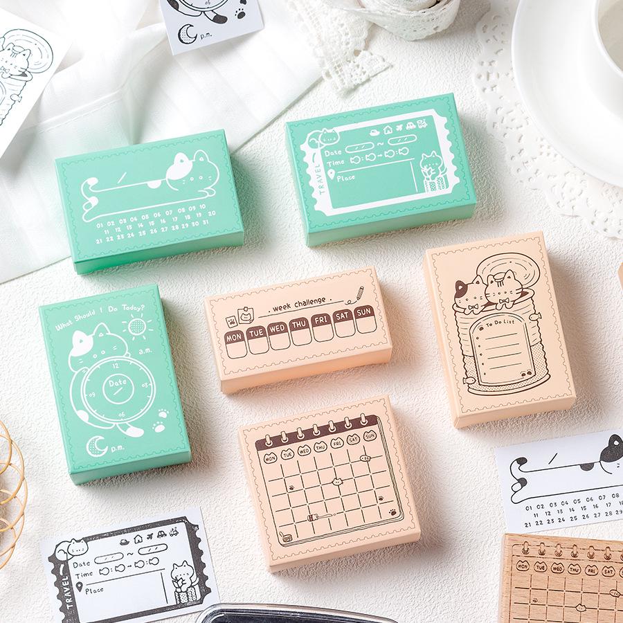 Vintage Cat Schedule Wooden Journal Stamp - Beech Wood Daily Memo