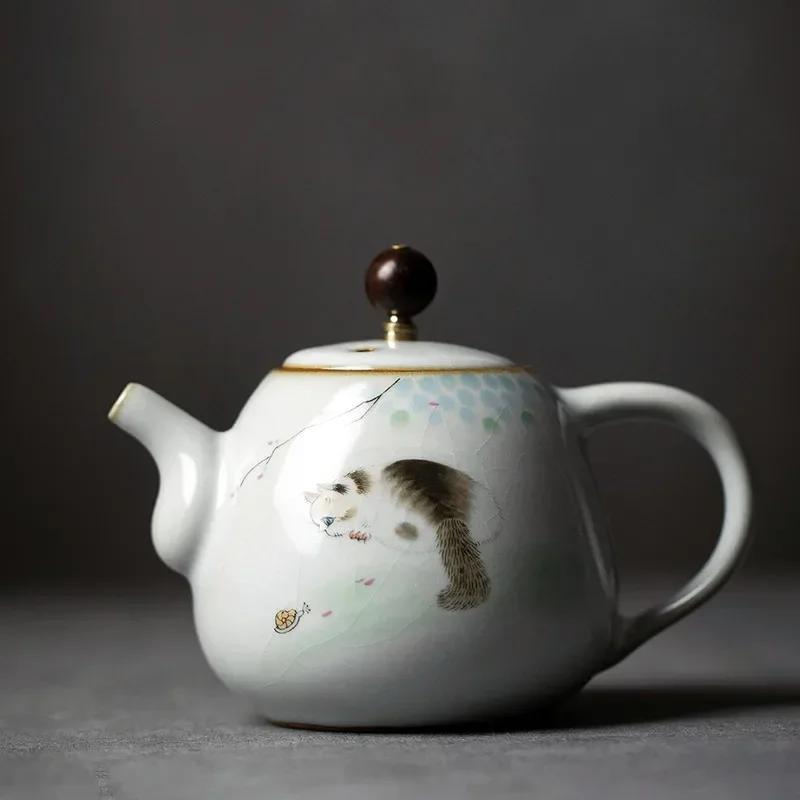 280ml Tetera de Cerámica Tradicional Kiln Ru Hecha a Mano Tetera con Dibujo de Gato Lindo Tetera Portátil de Viaje Tetera con Filtro Juego de Té para el Hogar Vajilla