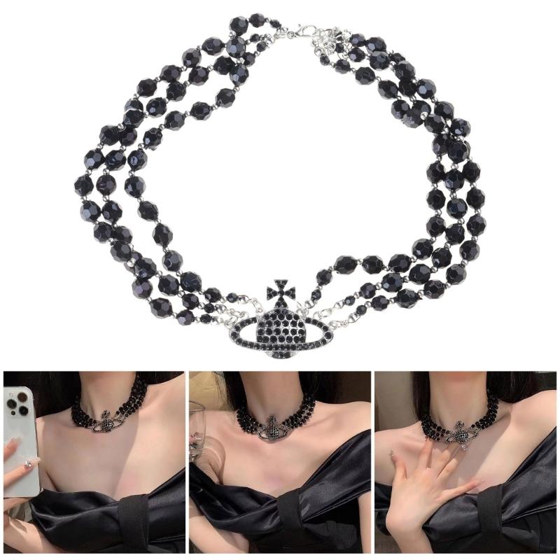 Elegante mehrschichtige schwarze Kristall-Planeten-Anhänger-Halskette Perlenhalskette für modebewusste Frauen, die einzigartige Stile suchen