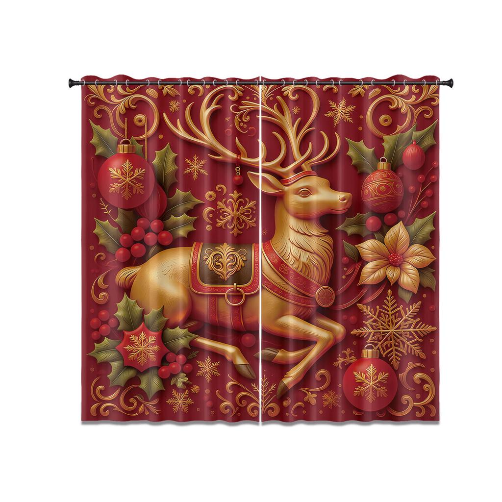 2pcs Christmas reindeer red print blackout curtains insulation multiple sizes living room holiday decoration machine washable