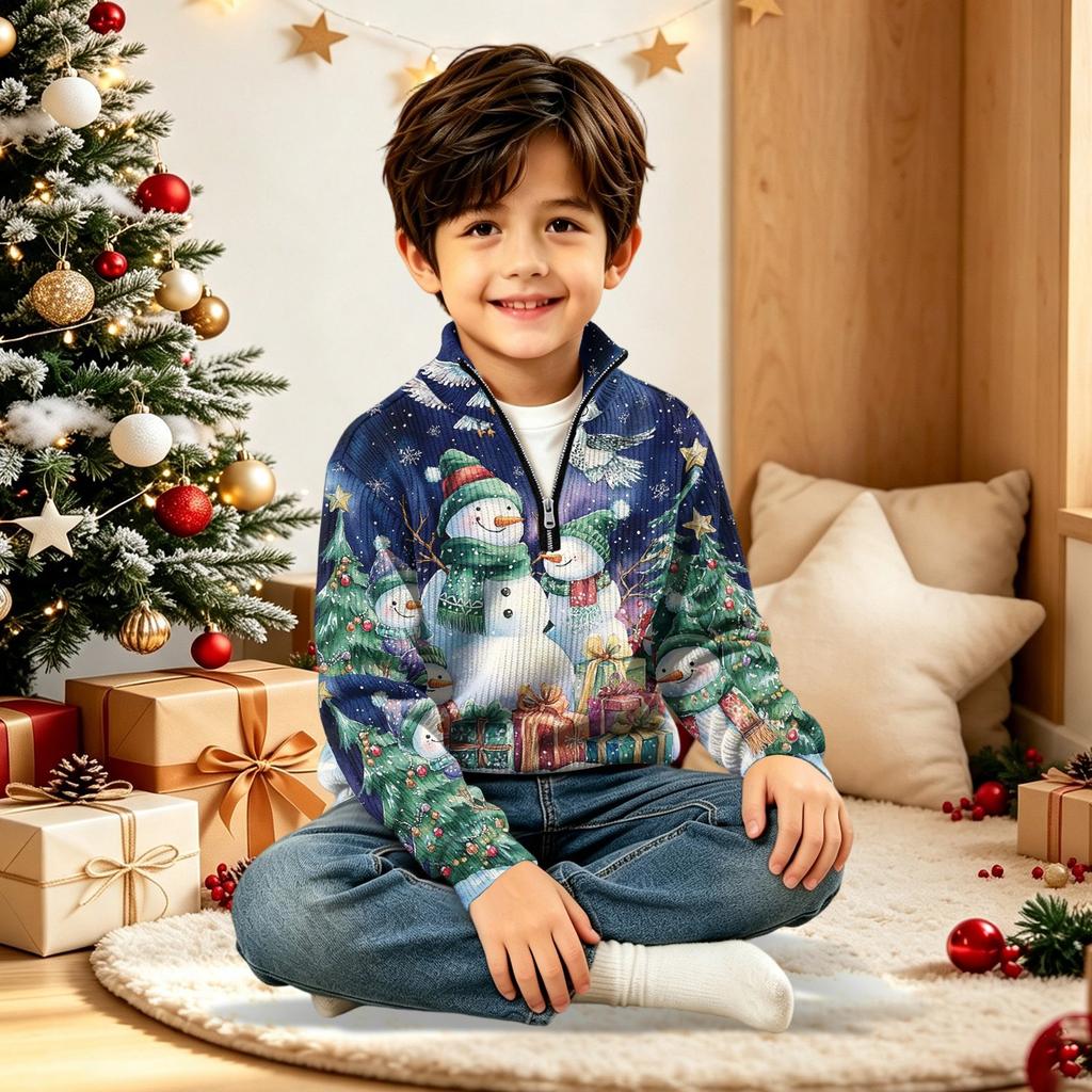 Children's Fashion - Quarter Zip-up Thick Needle Christmas Print Top
