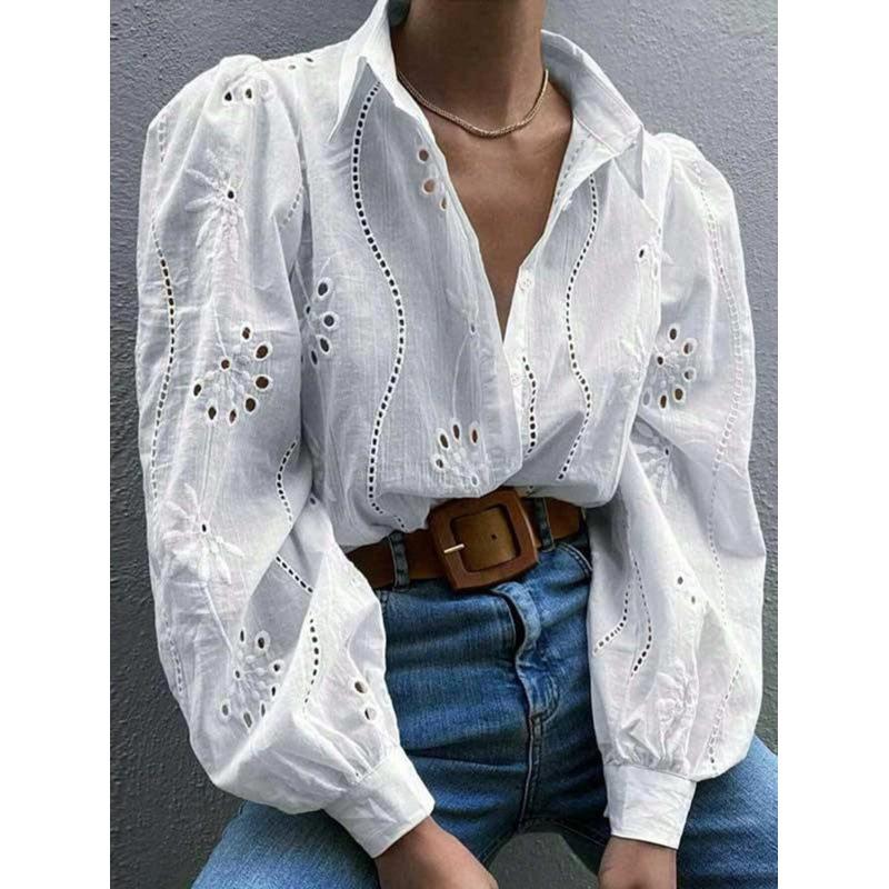 European and American retro hollow embroidered long-sleeved shirt women's summer loose and thin bubble sleeve long-sleeved shirt women's top