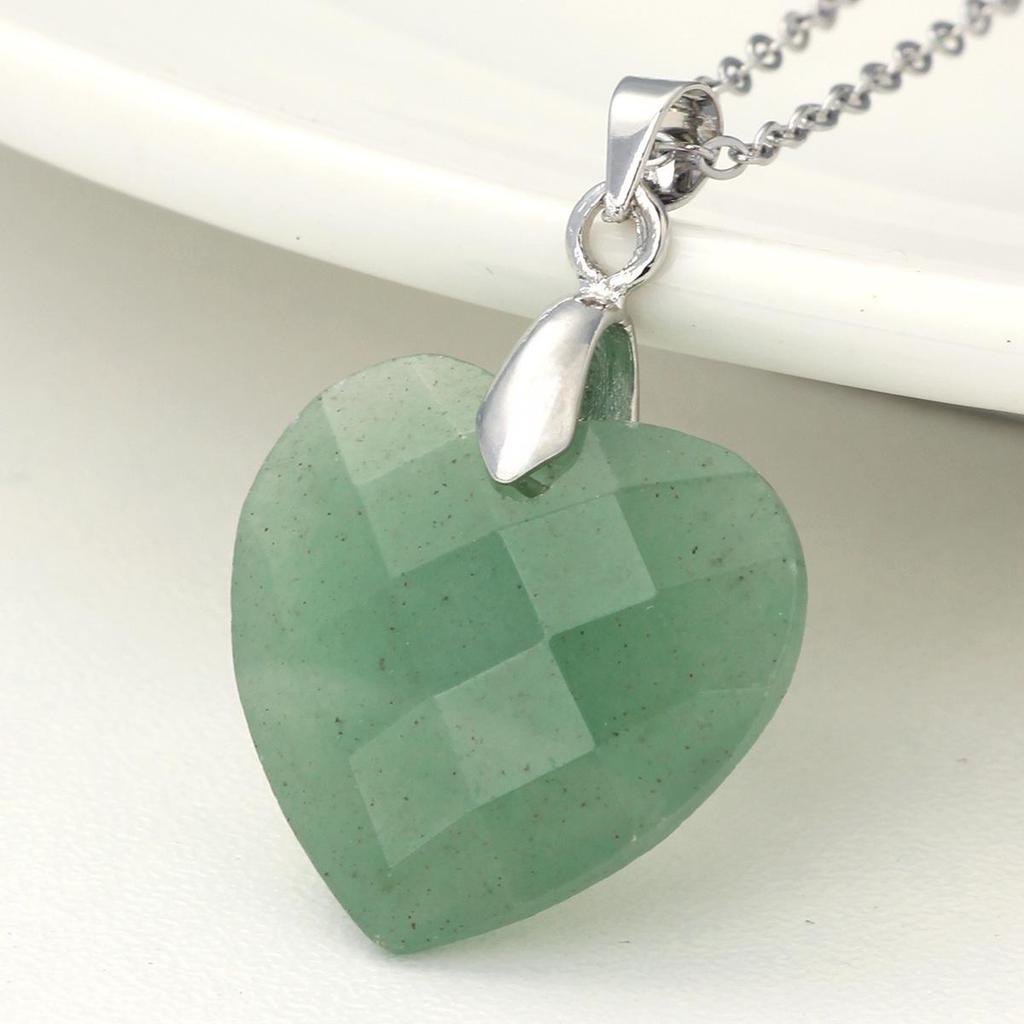 Valentine's Day Crystal Heart Pendant Necklace for Women, Natural Stone & Titanium Steel