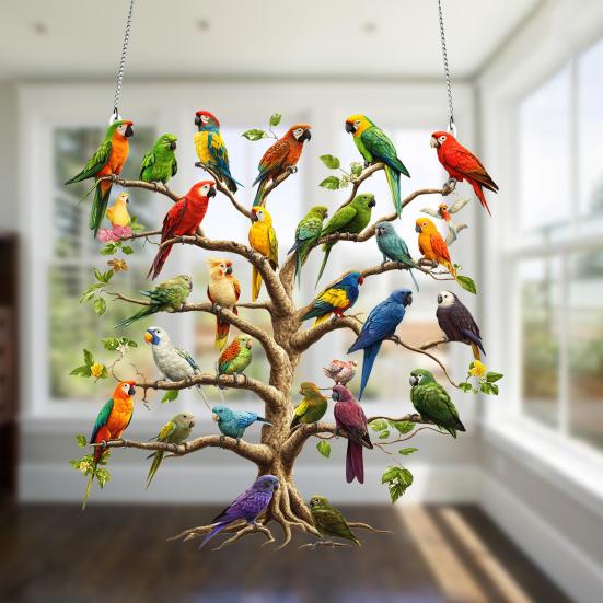 Acrylic Parrot Tree Hanging Decoration 2D Flat Colorful Parrot Indoor Outdoor Christmas Tree Wall Window Hanging Bird Sign Ornament