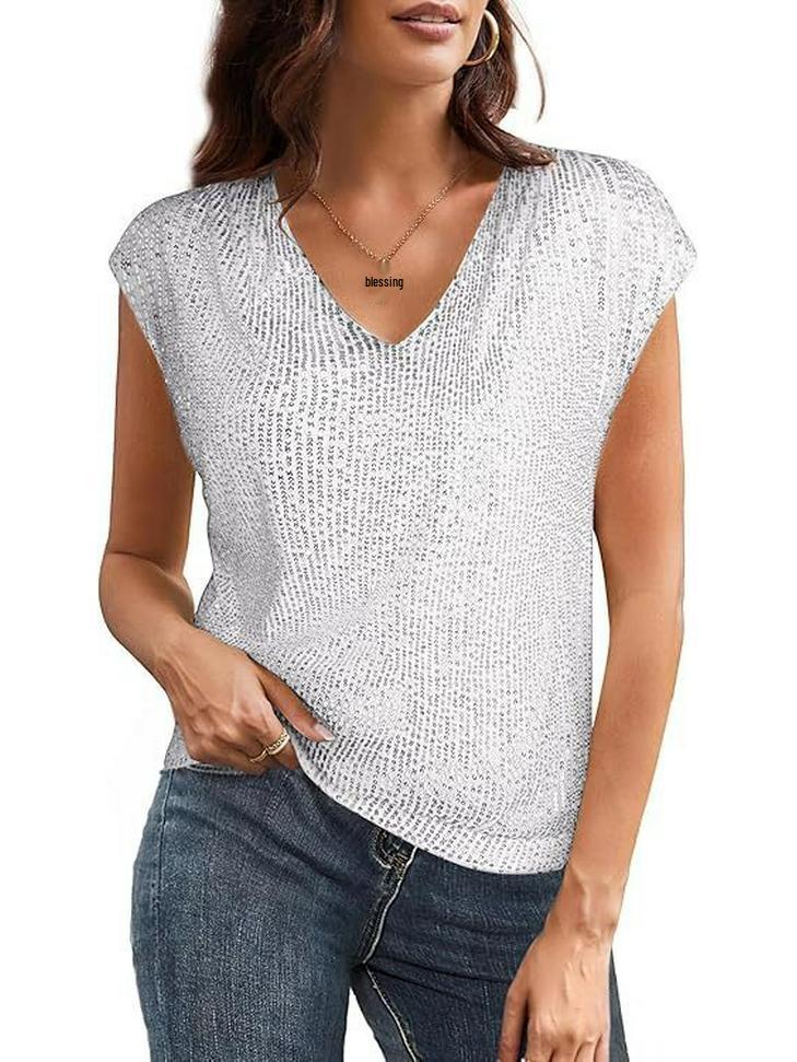 

Sparkling V-Neck Sequin Top for Women - Summer Fashion Beaded Vest L белый