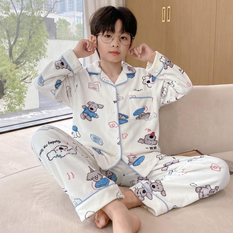 Boys Warm Fleece Pajama Set Long Sleeve Cartoon Print Sleepwear Kids 8 Years Home Wear Fall