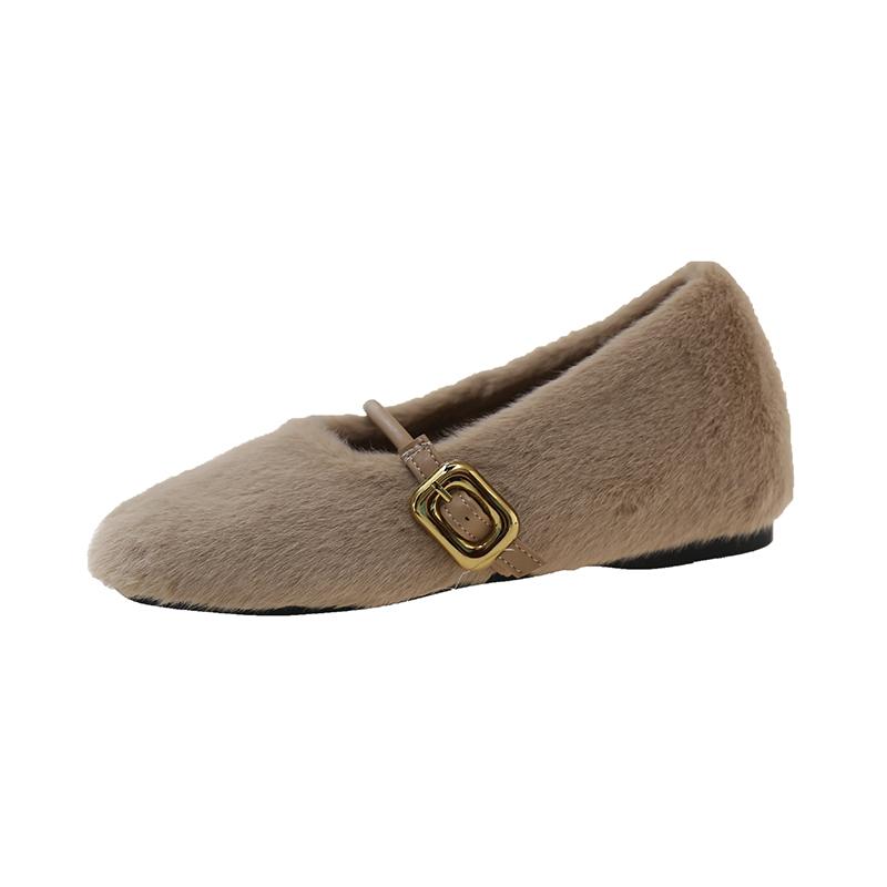 Moda Eleganckie Zapinane Paskiem Futrzane Buty Mary Jane Damskie Wygodne Miękkie Puszyste Płaskie Damskie Pluszowe Mokasyny