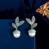 Vintage Medieval Light Luxury Leaf Turquoise Pearl Earrings Temperament Micro-Inlaid Zircon Pearl Earrings Earrings