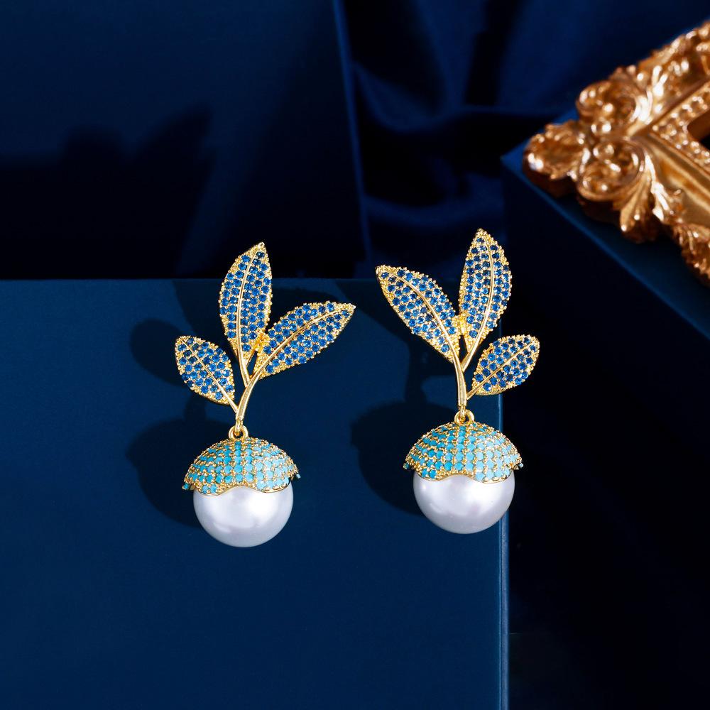 Vintage Medieval Light Luxury Leaf Turquoise Pearl Earrings Temperament Micro-Inlaid Zircon Pearl Earrings Earrings