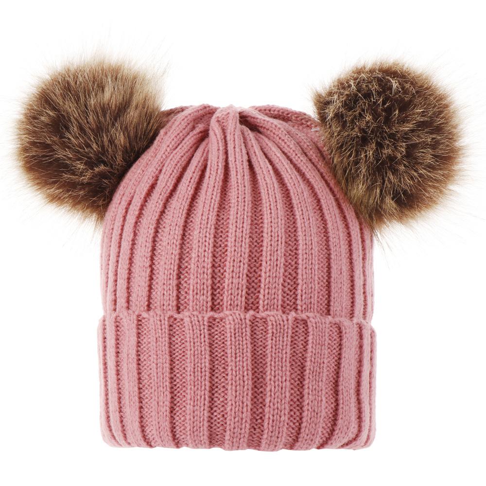 Autumn Winter Women s Mom Baby Bobble Hats Parent-Child Knitted Beanie Hat with Double Pom-Pom One Size