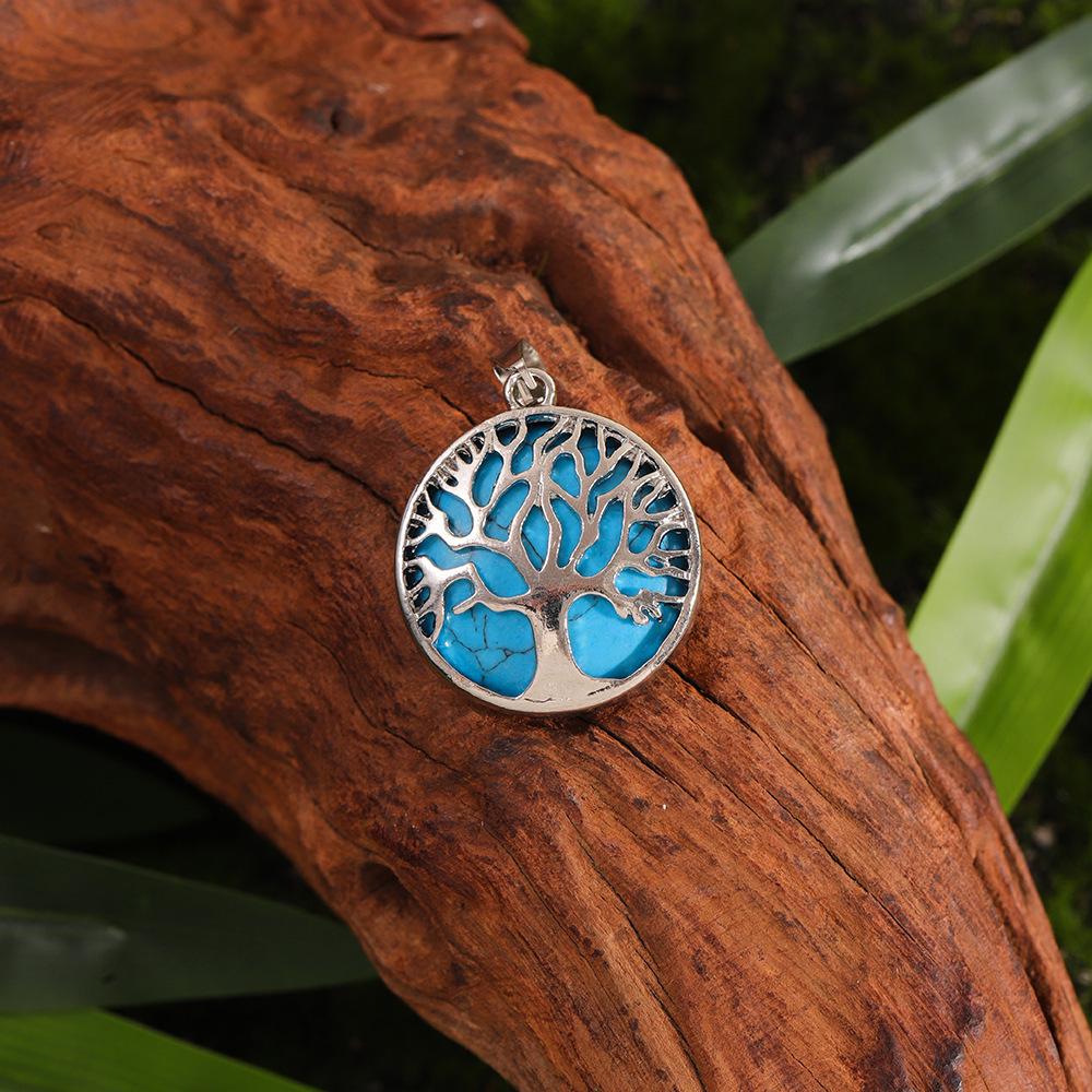 Cross Hollow Life Tree Pendant: Natural Crystal Agate Money Tree Necklace, Natural Stone Round Wishing Tree Pendant. Without Chain