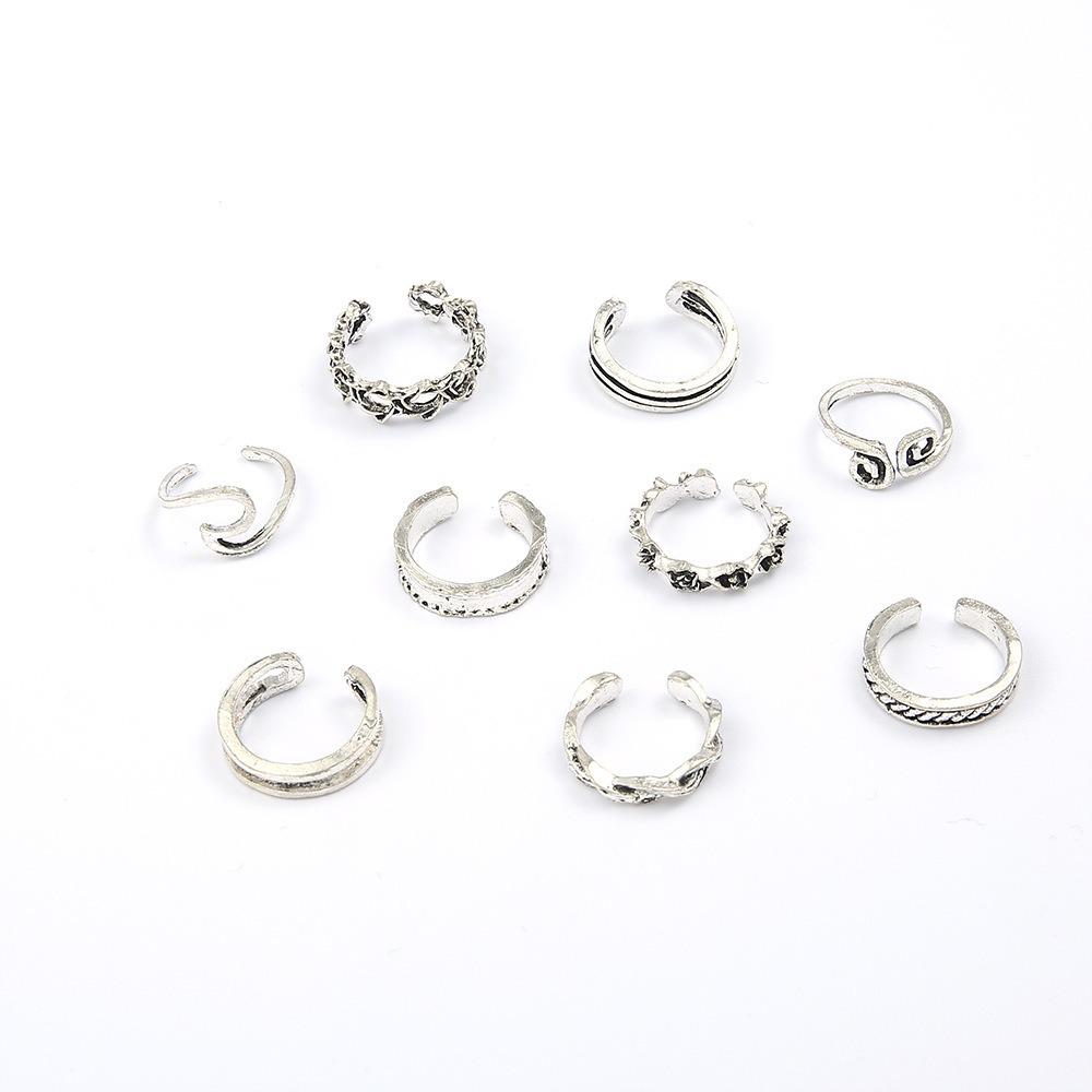 

9-Piece Retro Totem Open Knuckle & Toe Ring Set - Women s Diamond Fashion Accessory One Size срібний
