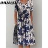IHUASU 30 Color Pleated Midi Dress Short Sleeve Round Neck Loose Hem Mid-Calf Length Women Floral A-Line Party Dress Casual Wear