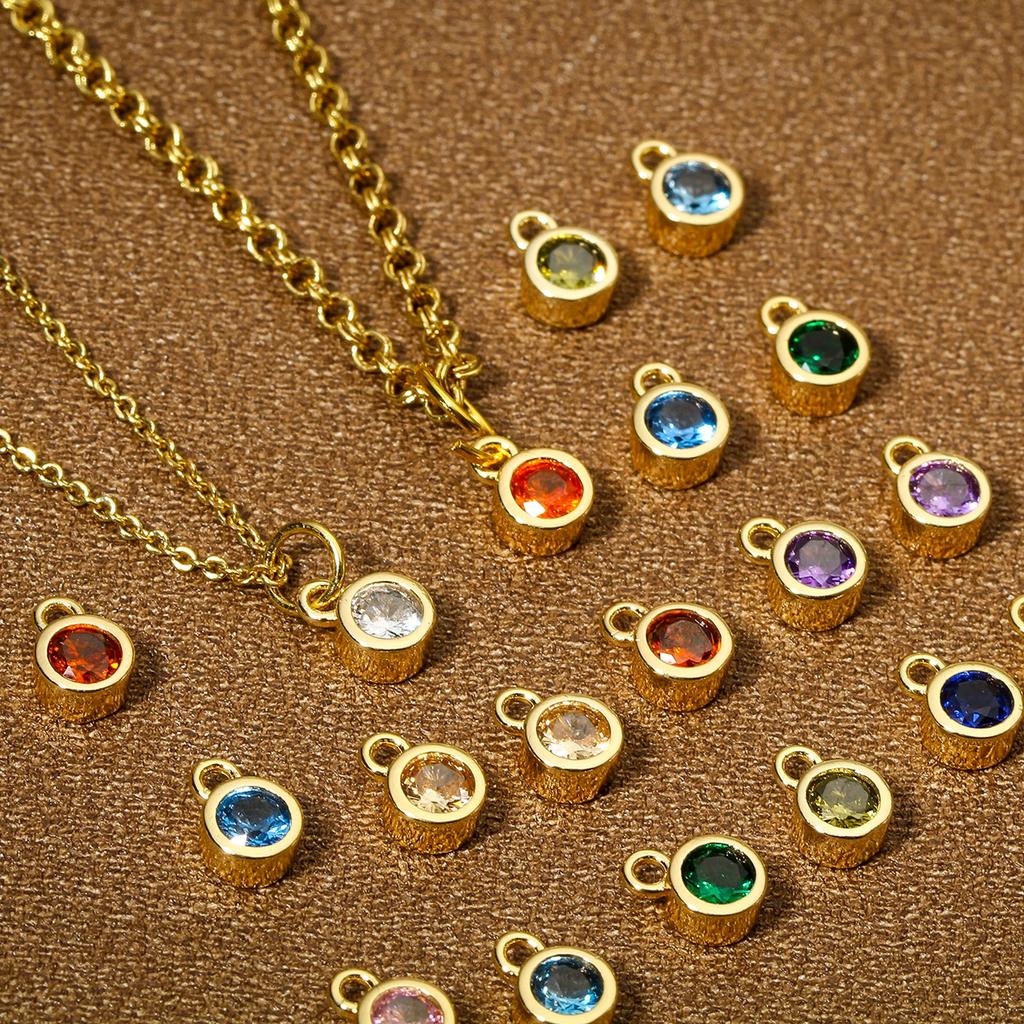 2PCs Classic Brass Birthstone Charms For Necklace DIY 18K Real Gold Plated Round Multicolour Cubic Zirconia Pendant 8mm x 5.5mm