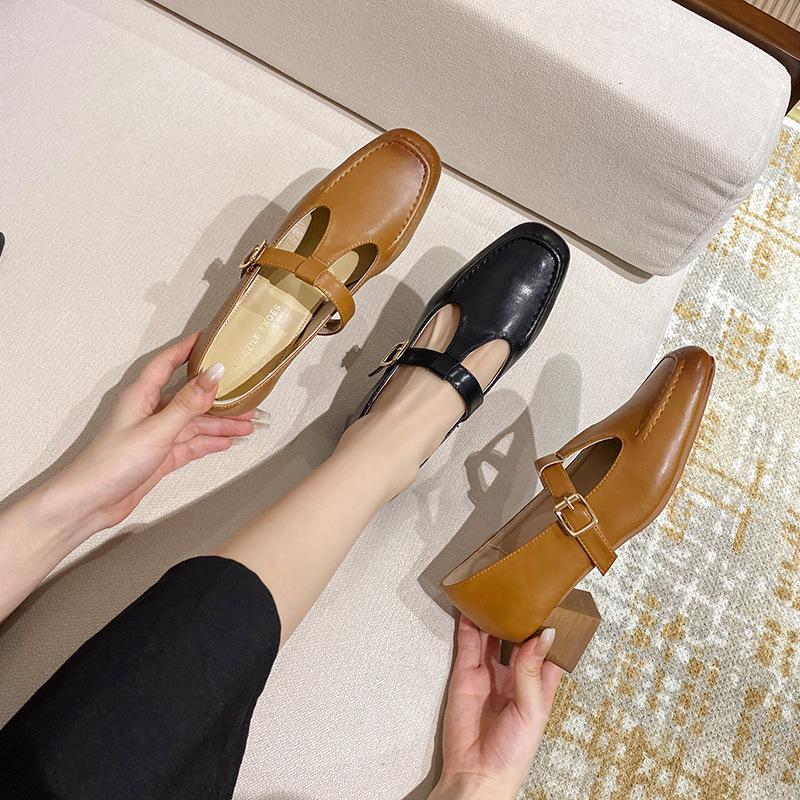 Leather Mary Jane Small Leather Shoes Brown Thick Heel Single Shoes Women's Square Head Niche T-buckle with Retro Loafers