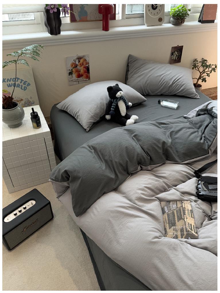 Skin-Friendly Washed Cotton Minimalist Bedding Set - Solid Color, 4 Pieces, Perfect for Dorms