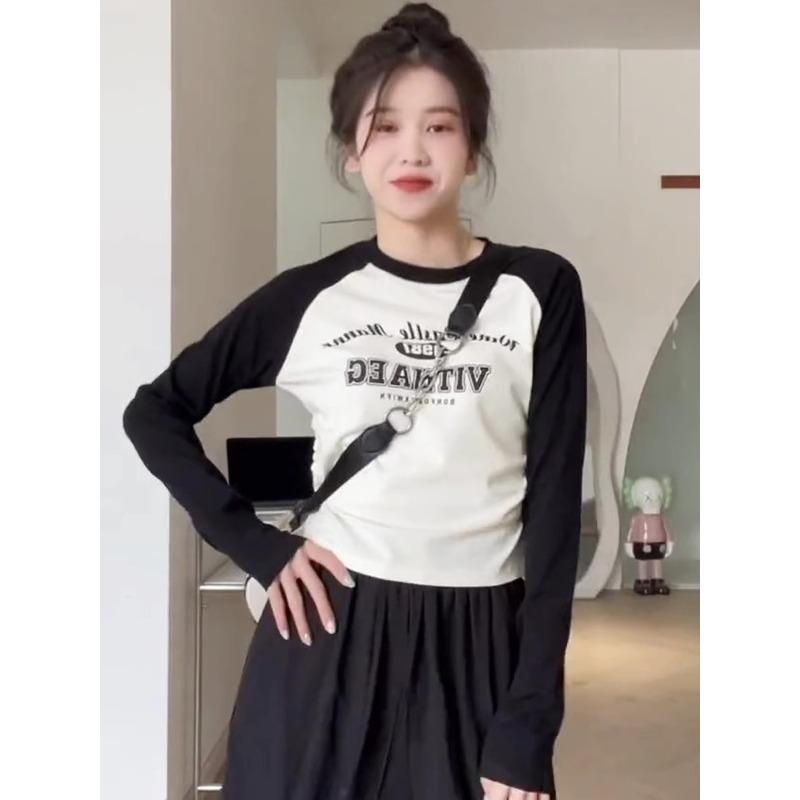 Spring Niche Shoulder Sleeves Contrasting Color Shirt Women's Waist Pleated Top Personalized Printing Bottoming Long Sleeves