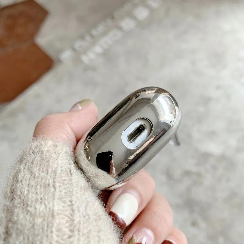 Suitable For Apple AirPods 1 2 3 4 Pro 3 2 Earphone Cover Protective Case Electroplated Mirror Simplicity Silver Case With Hook