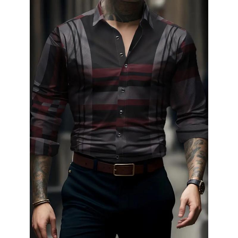 Men Long Sleeve Plaid Button Down Shirt Beige with Red and Blue Checks Casual Business Top